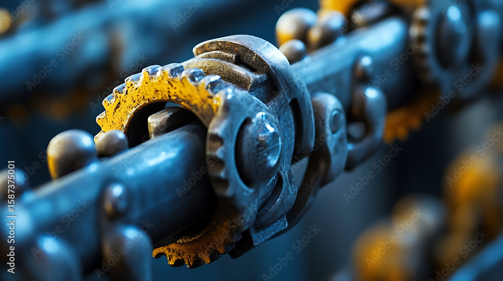Poster a chain of gears with a yellowish color. the chain is rusty and dirty. the chain is made of metal