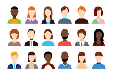 Avatar Variety: A collection of diverse human avatar icons, symbolizing a broad spectrum of identities and representation. Perfect for illustrating individuality and inclusivity.