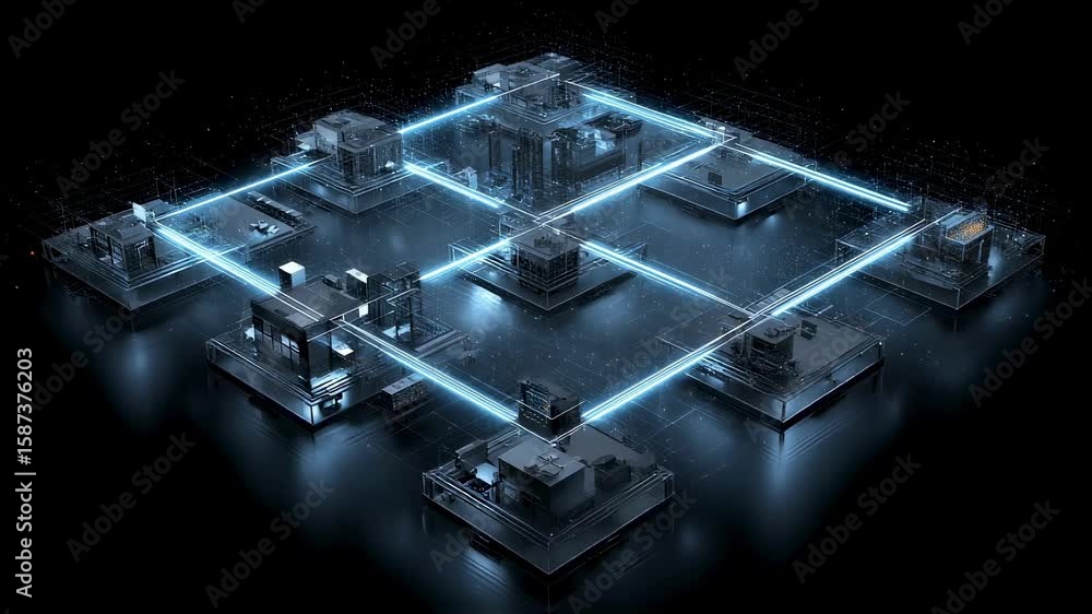 Poster complex network connecting buildings of a futuristic smart city, exchanging data through digital lin