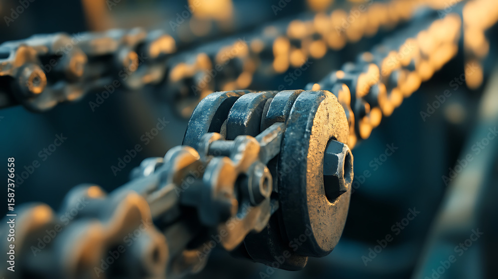 Poster a chain of gears with a yellowish color. the chain is rusty and dirty. the chain is made of metal