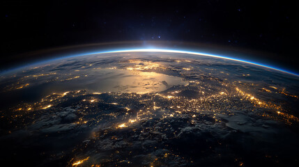 Obraz premium Earth From Space at Night: A breathtaking view of Earth at night from space, showcasing the intricate network of city lights against the backdrop of a star-studded sky.