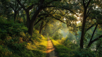 Enchanted Forest Trail: A sun-kissed path winds through an ancient forest, inviting you to explore its depths.
