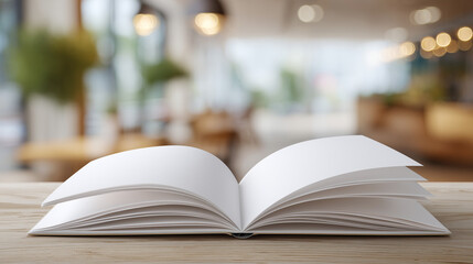 Open Book in cafe: An open book with clean, blank pages rests on a wooden table in a cafe setting, the pages slightly turned and inviting the viewer to explore. The cafe features warm.