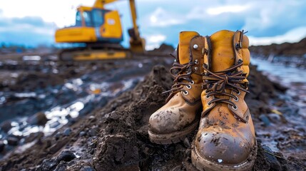 Close-up of rugged boots in muddy terrain, industrial site and machinery hint at hard labor