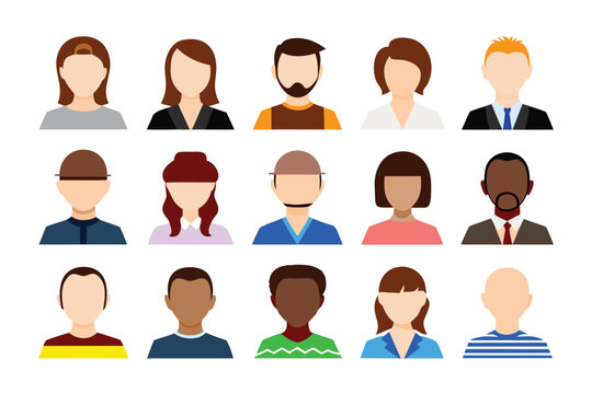 Diversity Person Icons: A collection of diverse, flat-style illustrations representing various genders, and ethnicities. These icons are suitable for use in websites and presentations.