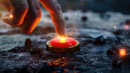 Hand hovers over glowing red launch button, symbolizing final decision of war initiation