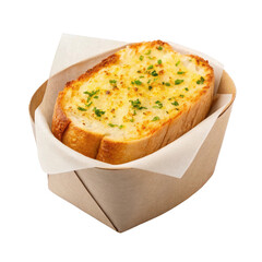 Egg Garlic Cheese Toast in paper bucket on transparent