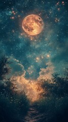 Obraz premium Path Leading to Glowing Moon Under Starry Night Sky
