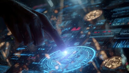 Hand interacting with a digital Bitcoin graphic on a futuristic interface