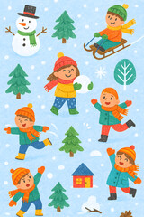 Naklejka premium Kids Playing in Winter - Crayon Style Seamless Pattern with Snow Activities