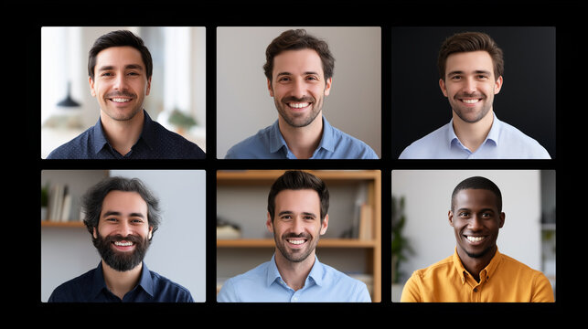 Group video call interface with multiple diverse professional men in home offices, remote collaboration theme - Powered by Adobe