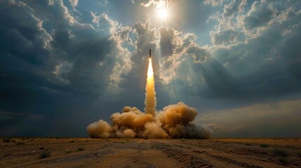 A missile with Iranian insignia blasts off through stormy sky, symbolizing rising global tension