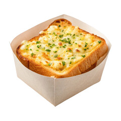 Egg Garlic Cheese Toast in paper bucket on transparent