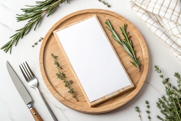 Minimal vertical menu card mockup on wooden tray with herbs and cutlery. Elegant top-down food scene for restaurant branding, catering, or upscale culinary design projects.

