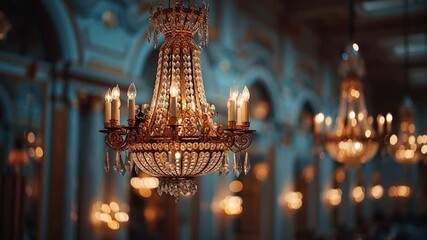 An ornate crystal chandelier illuminated in a grand hall with more chandeliers and soft warm lighting in the background. - Powered by Adobe