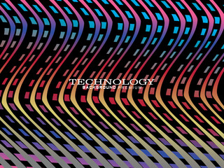 The background is a colorful gradient wavy diagonal striped pattern on a black background, creating a dynamic and modern visual effect.	