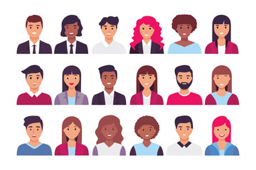 Diverse Crowd Avatar Set: Set of diverse avatar smiling and happy with varied hair, outfit, gender and ethnicities.