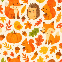 Obraz premium Cute Autumn Woodland Animals Seamless Pattern with Leaves and Pumpkins