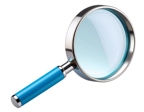 Tilted Blue Magnifying Glass 3D Render with Matte Finish, Angled Side View, Isolated