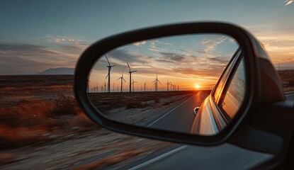 Sunset wind farm view in car side mirror (1)