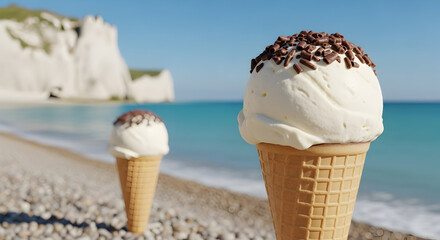 Refreshing Ice Cream Cones with Chocolate Sprinkles on a Sunny Pebble Beach, Against a Backdrop of Turquoise Sea and White Cliffs
