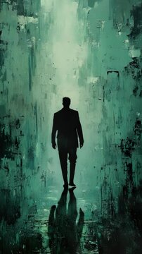 A painting of a person walking in the rain