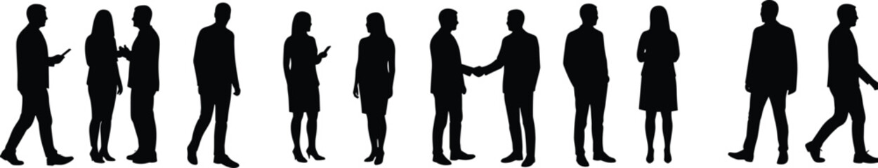 Silhouette of business professionals networking, collaborating, using mobile devices, walking and shaking hands, office attire, communication, teamwork, isolated background