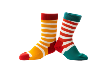 Colorful mismatched striped cotton socks in vibrant fun design for fashion accessories or playful outfit style isolated on transparent background