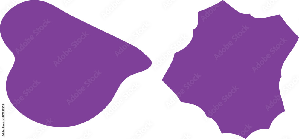 Poster two abstract purple shapes feature smooth and jagged edges on a clean white background, creating a m