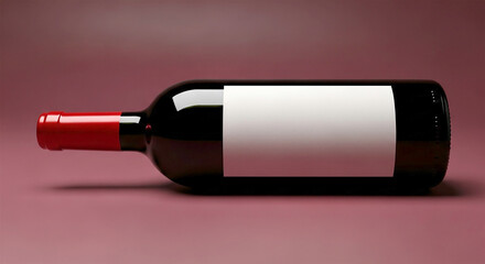 Illustration of a bottle of red wine with a blank label lies horizontally