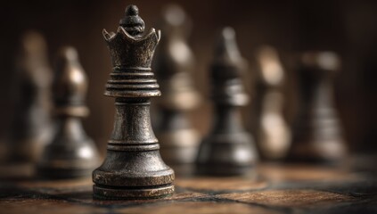 Focused queen chess piece, surrounded by blurred pieces on a wooden board