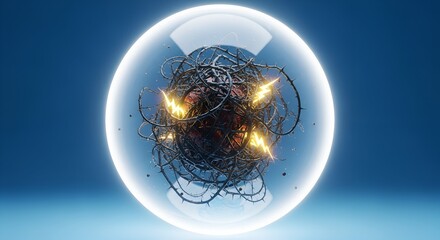 A radiant transparent sphere encasing a chaotic tangle of thorny vines and sparking lightning, vividly depicting data quarantine and impenetrable digital security as physical armor.