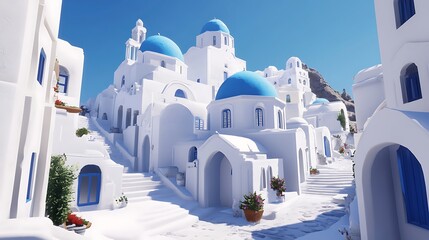 Whitewashed village with blue domes