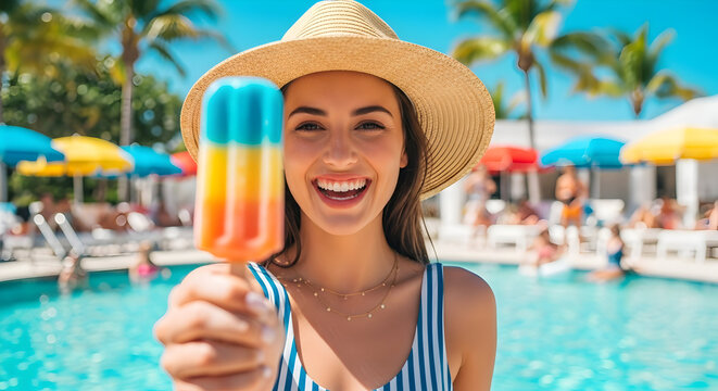 Happy Young Woman Enjoying a Colorful Ice Cream Popsicle at a Sunny Resort Pool