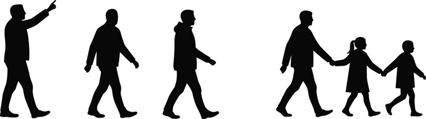 Silhouette of diverse people walking together, pointing man, family holding hands, unity, community bonding, isolated white background, vector of diverse people walking together,