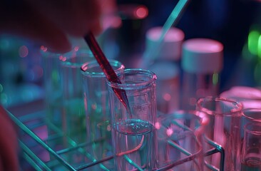 Close-up of lab equipment with vibrant neon lighting.  A person uses a dropper in test tubes