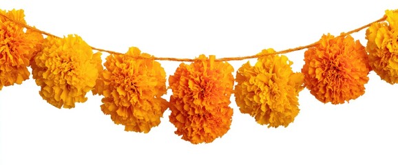 Garland of bright orange marigold flowers hanging on a string