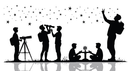 Silhouette of people stargazing and observing stars at night  