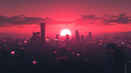 Pinkish futuristic metropolis skyline at sunset, a captivating urban landscape