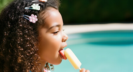 Happy Young Girl Licking Refreshing Ice Cream Popsicle by the Pool