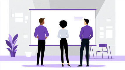 Modern office team collaboration using digital whiteboard, smart workspace, professional attire, clean background