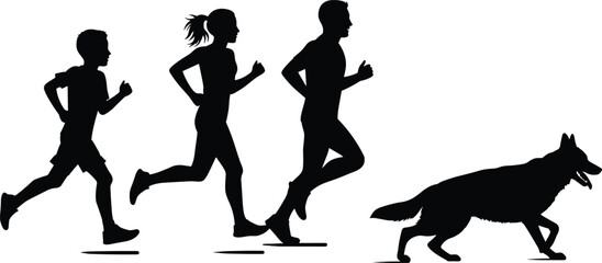 Silhouette of family jogging with dog, healthy lifestyle activity, outdoor fitness, pet companionship, group movement, running together, vector illustration