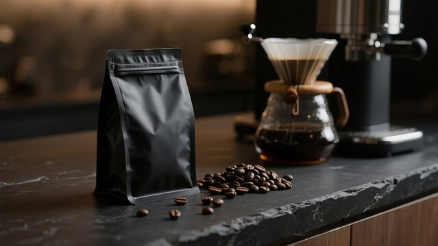 Premium black coffee bag mockup on a dark slate countertop with roasted coffee beans and a manual brewer set