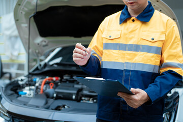 Asian male automotive technician who inspects, repairs, and maintains all vehicle systems,ensuring...