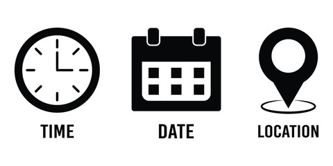 Time, date and address icon set. Calendar, clock, location.