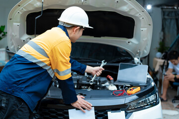 Asian male automotive technician who inspects, repairs, and maintains all vehicle systems,ensuring...