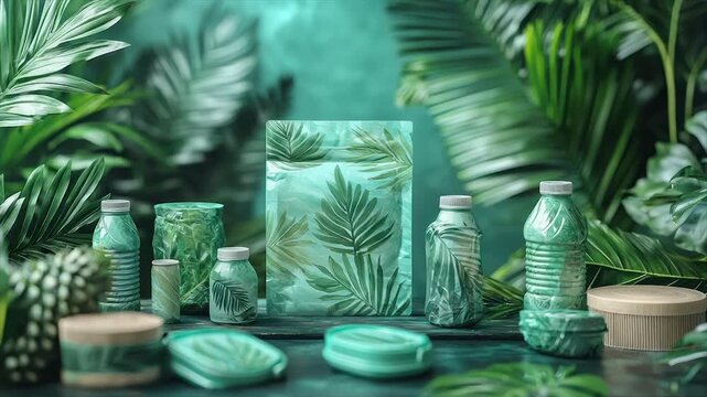 Eco-friendly packaging showcasing sustainable, tropical leaf-printed containers & bottles
