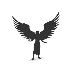 Fantasy woman angel with huge bird wings. Lady goddess in dress