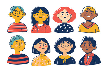 Diverse Crowd Illustration: A collection of eight illustrated faces, each with distinct hair, skin tone, and attire, create a diverse crowd of characters