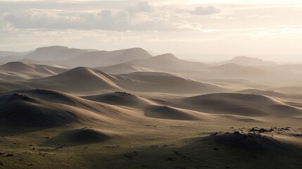 Sunlit arid landscape with rolling hills and mountains in a muted, atmospheric vista